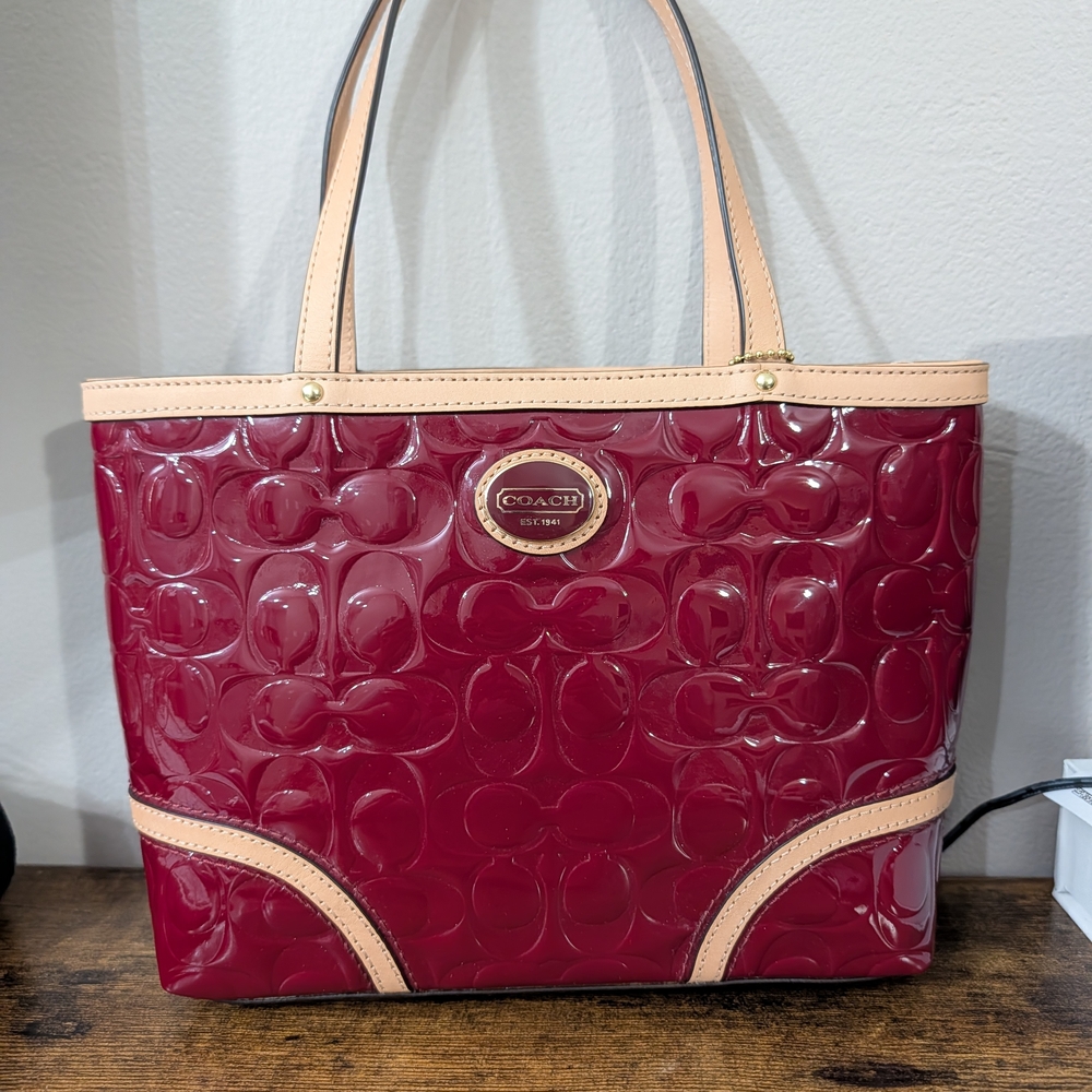 Coach Patent Leather Tote Bag in Burgundy with Beige Trim